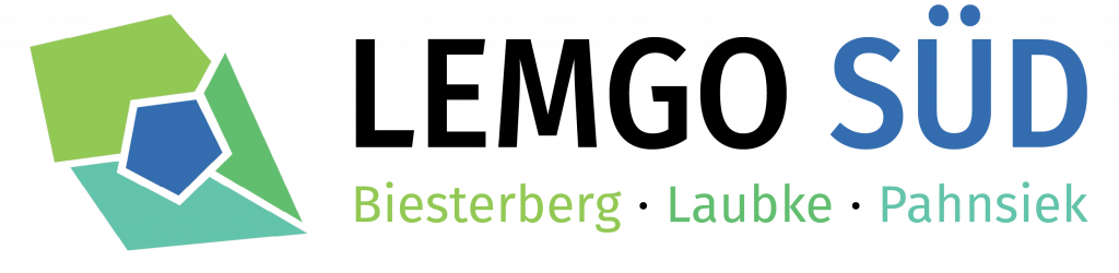 Fünfeck in Grün Blau, daneben Schrift Lemgo Süd Biesterberg Laubke Pahnsiek